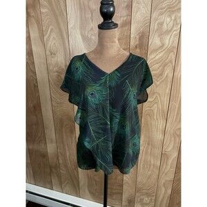 Michael Kors Women's Blouse Peacock‎ Print, Navy Green, Plus Size Small S